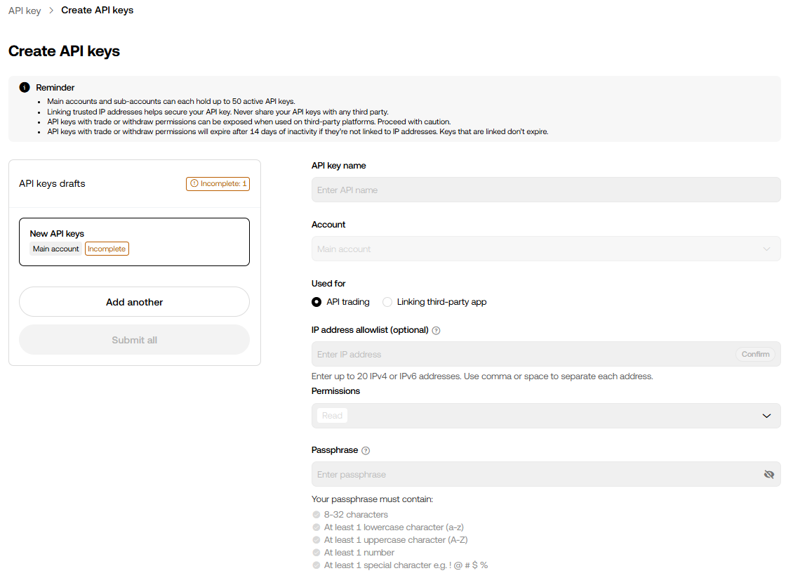 OKX 권한 및 비밀번호 설정