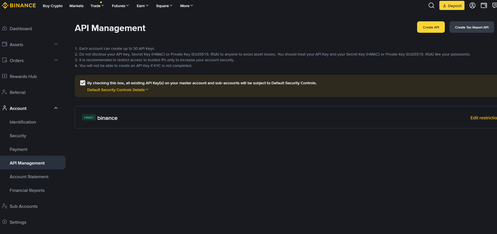 바이낸스 API 생성 메뉴