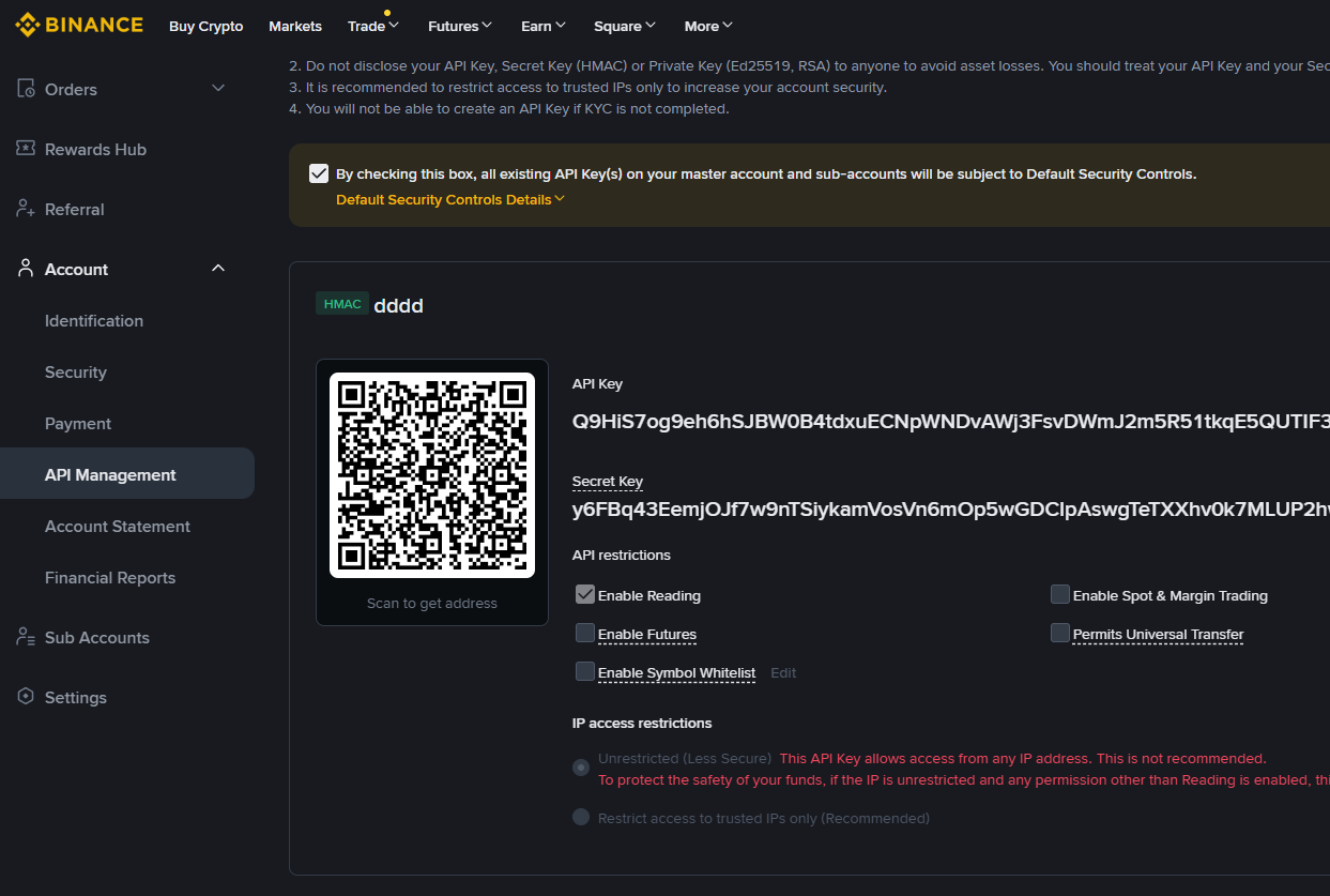 바이낸스 API 키 복사 화면