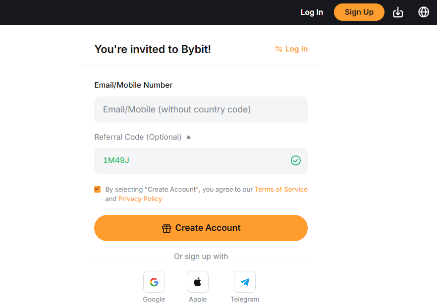 바이빗 가입 화면